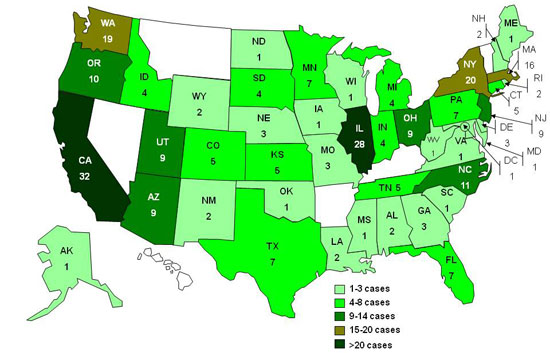 Final Case Count Map: Persons infected with the outbreak strain of Salmonella Montevideo, by state, as of April 28, 2010 (n=272)