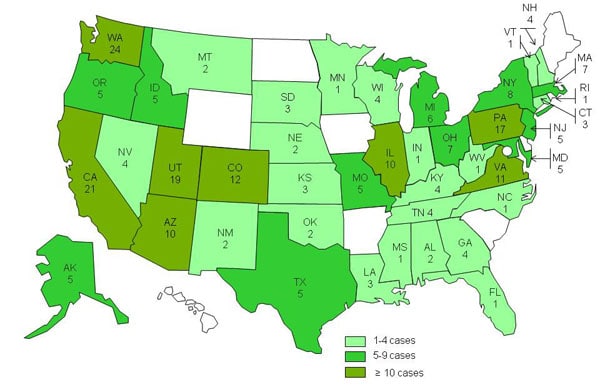 Final Case Count Map: Persons infected with the outbreak strain of Salmonella Typhimurium, by state, as of July 18, 2011 (n=241)