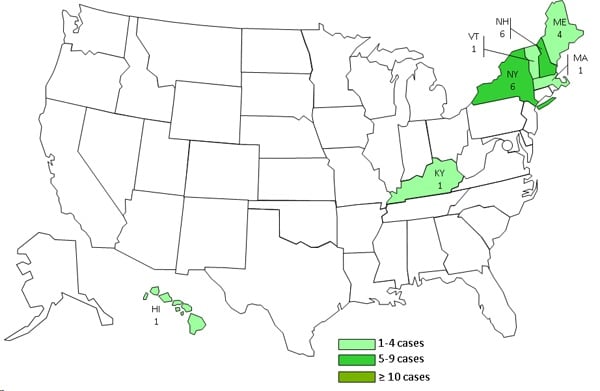 Final Case Count Map: Persons infected with the outbreak strain of Salmonella Typhimurium, by state, as of January 30, 2012 (n=20)