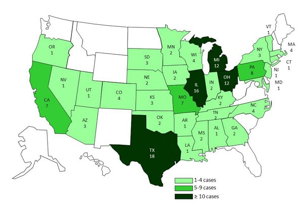Final Case Count Map: Persons infected with the outbreak strain of Salmonella Heidelberg, by state, as of November 7, 2011