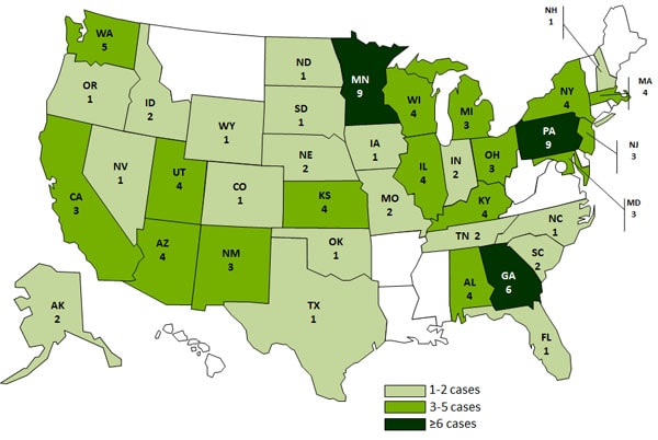 Final Case Count Map: Persons infected with the outbreak strain of Salmonella Typhimurium, by state, as of June 29, 2011