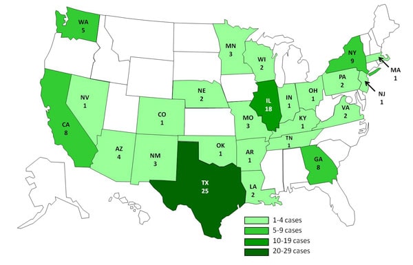 Final Case Count Map: Persons infected with the outbreak strain of Salmonella Agona, by state, as of August 25, 2011 (n=106)