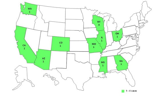Final Case Count Map: Persons infected with the outbreak strain of Salmonella Hadar, by state, as of April 1, 2011 