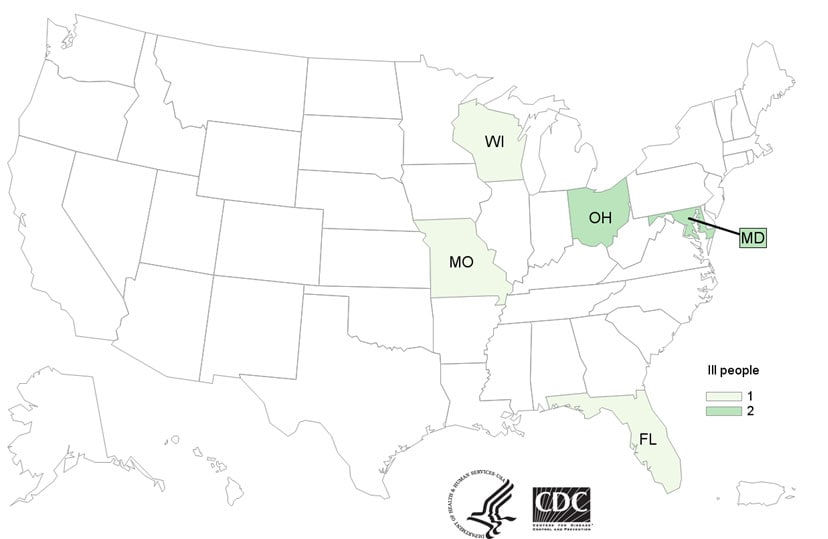 Map of United States - People infected with the outbreak strain of Salmonella, by state of residence, as of January 10, 2019
