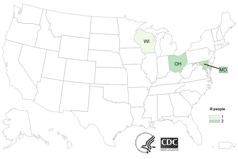Map of United States - People infected with the outbreak strain of Salmonella, by state of residence, as of October 17, 2018
