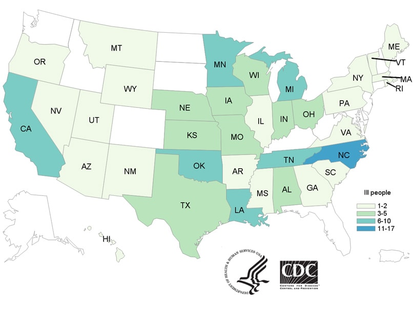 People infected with the outbreak strains of Salmonella, by state of residence, as of June 1, 2018