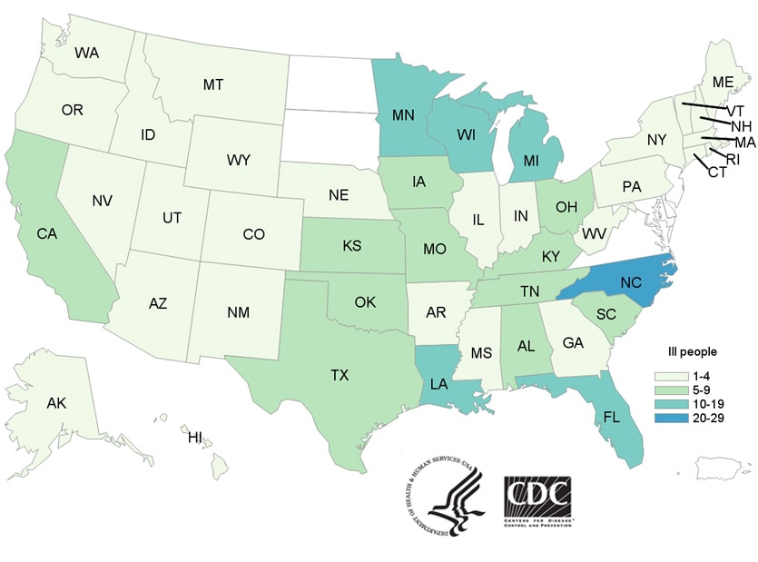 People infected with the outbreak strains of Salmonella, by state of residence, as of July 13, 2018
