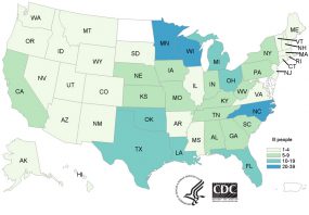 People infected with the outbreak strains of Salmonella, by state of residence, as of August 24, 2018