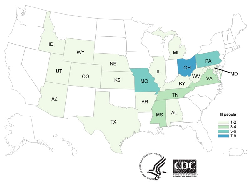 People infected with the outbreak strains of Salmonella, by state of residence, as of May 10, 2019