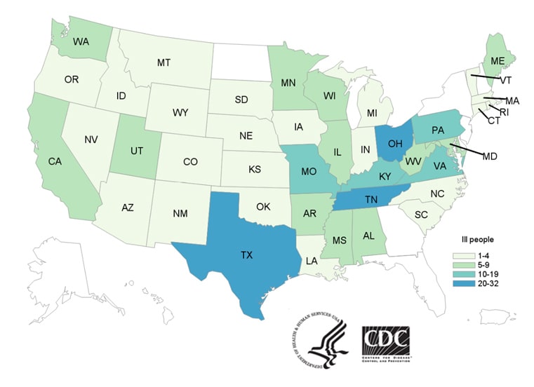 People infected with the outbreak strains of Salmonella, by state of residence, as of June 7, 2019