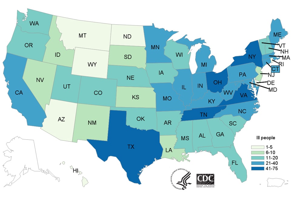 People infected with the outbreak strains of Salmonella, by state of residence, as of August 28, 2019