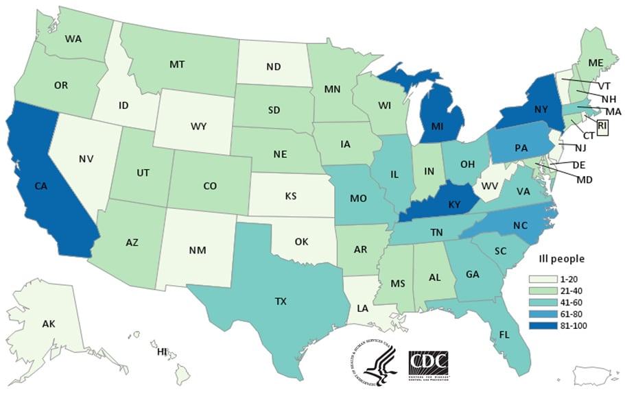 People infected with the outbreak strain of Salmonella, by state of residence, as of November 18, 2020.