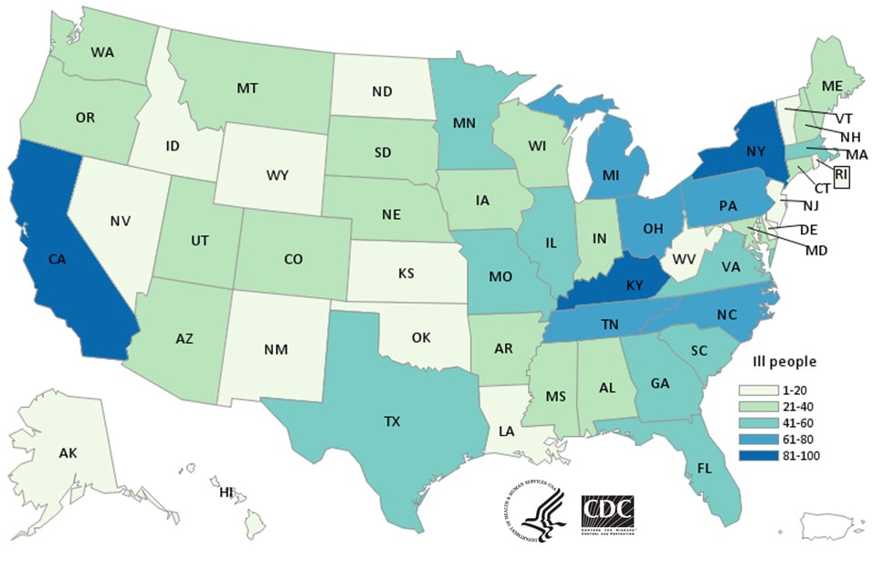 People infected with the outbreak strain of Salmonella, by state of residence, as of December 17, 2020.