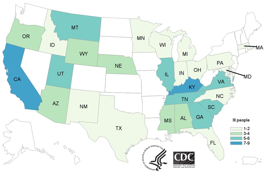 People infected with the outbreak strain of Salmonella, by state of residence, as of May 20, 2020.