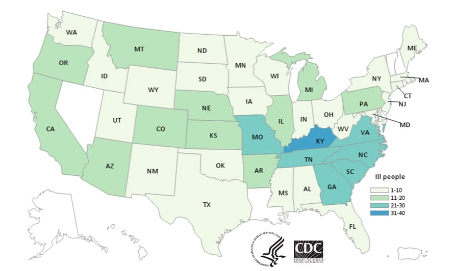 People infected with the outbreak strain of Salmonella, by state of residence, as of June 24, 2020.