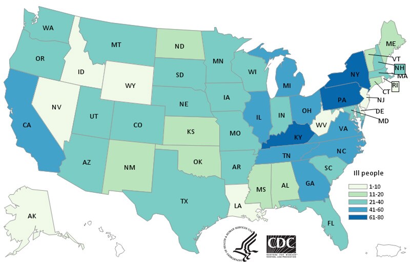 People infected with the outbreak strain of Salmonella, by state of residence, as of September 21, 2020.