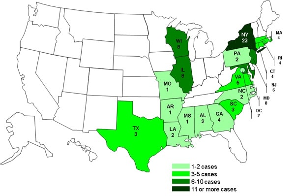 Case Count April 4, 2012: Persons infected with the outbreak strains of Salmonella Bareilly and Salmonella Nchanga, by State 7-6-2012