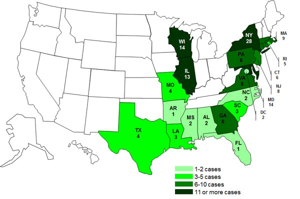 Case Count April 16, 2012: Persons infected with the outbreak strains of Salmonella Bareilly and Salmonella Nchanga, by State 7-6-2012