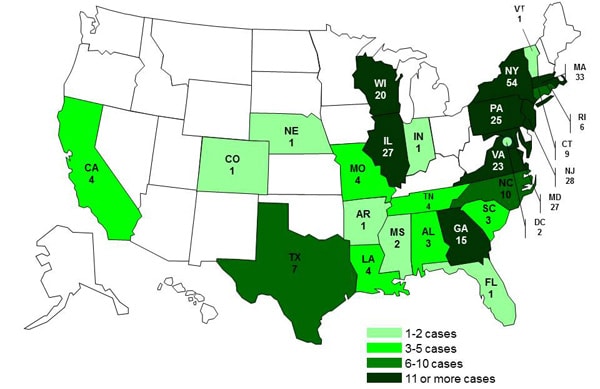 Case Count May 14, 2012: Persons infected with the outbreak strains of Salmonella Bareilly and Salmonella Nchanga, by State 7-6-2012