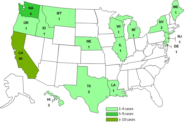 Case Count Map August 29, 2012: Persons infected with the outbreak strain of Salmonella Braenderup, by State