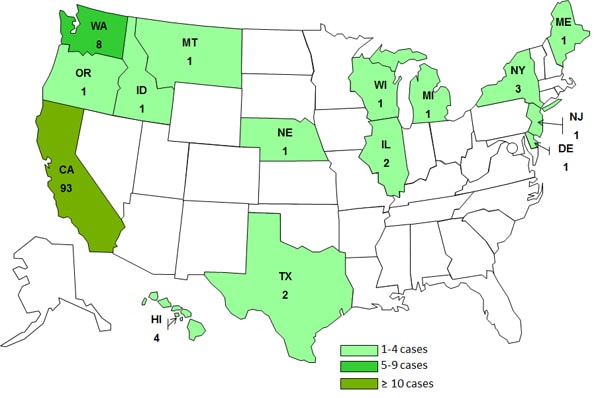 Case Count Map September 13, 2012: Persons infected with the outbreak strain of Salmonella Braenderup, by State