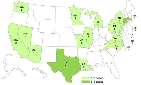 September 24, 2012 Case Count Map: Persons infected with the outbreak strain of Salmonella Bredeney, by State