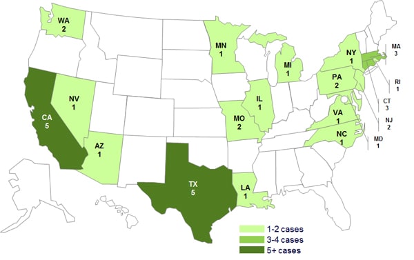 October 3, 2012 Case Count Map: Persons infected with the outbreak strain of Salmonella Bredeney, by State