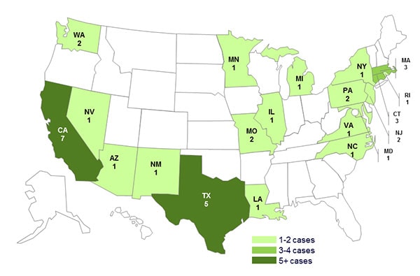 October 24, 2012 Case Count Map: Persons infected with the outbreak strain of Salmonella Bredeney, by State