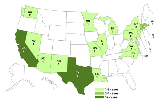 November 7, 2012 Case Count Map: Persons infected with the outbreak strain of Salmonella Bredeney, by State