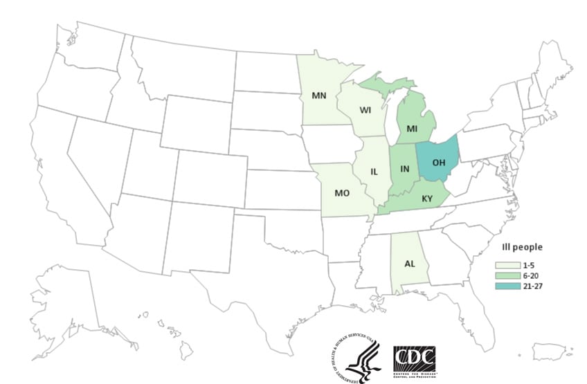 Map of United States - People infected with the outbreak strain of Salmonella, by state of residence, as of April 12, 2019