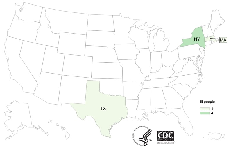 Map of United States - People infected with the outbreak strain of Salmonella, by state of residence, as of June 21, 2019