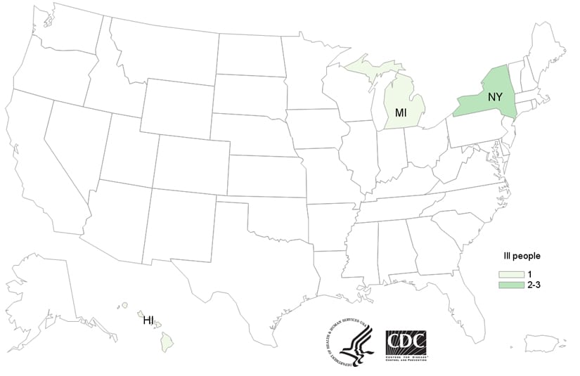 Map of United States - People infected with the outbreak strain of Salmonella, by state of residence, as of November 28, 2018