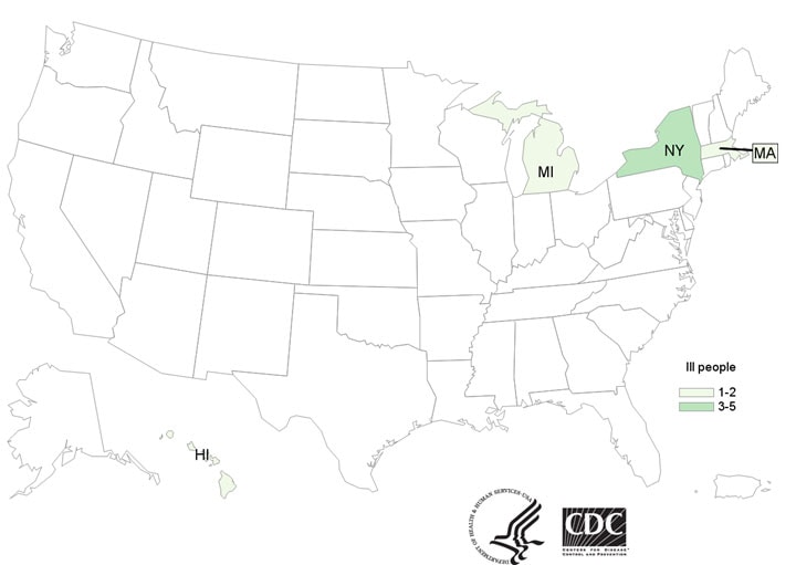 Map of United States - People infected with the outbreak strain of Salmonella, by state of residence, as of February 25, 2019