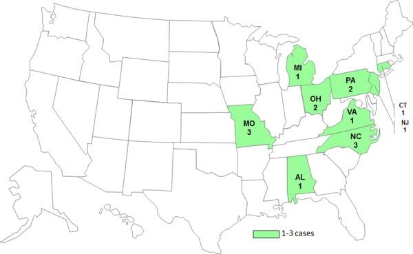 Case Count Map May 10, 2012: Persons infected with the outbreak strain of Salmonella Infantis, by State
