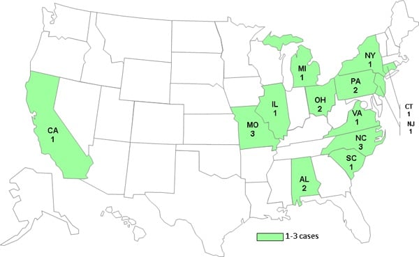 Case Count Map June 11, 2012: Persons infected with the outbreak strain of Salmonella Infantis, by State