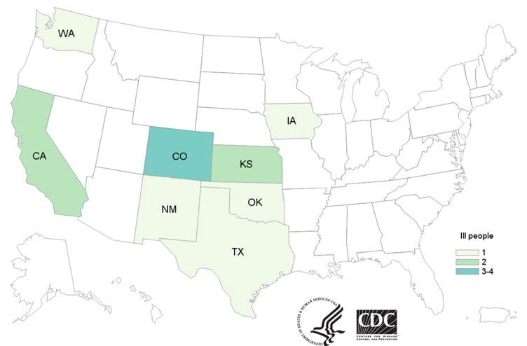 Map of United States - People infected with the outbreak strains of Salmonella by state of residence, as of December 30, 2019