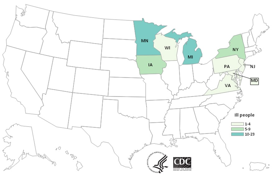 Map of United States - People infected with the outbreak strain of Salmonella, by state of residence, as of August 19, 2020