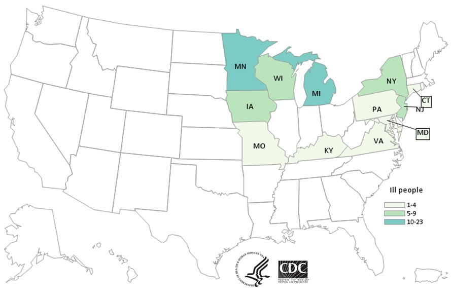 Map of United States - People infected with the outbreak strain of Salmonella, by state of residence, as of August 27, 2020