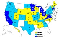 Personas infectadas por el brote de la cepa de Salmonella Typhimurium, Estados Unidos, por estado, 1 de septiembre del 2008 al 14 de enero del 2009