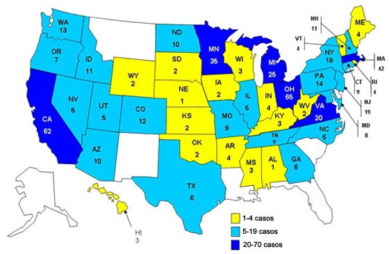 Personas infectadas por el brote de la cepa de Salmonella typhimurium, Estados Unidos, por estado, 1 de septiembre del 2008 al 21 de enero del 2009