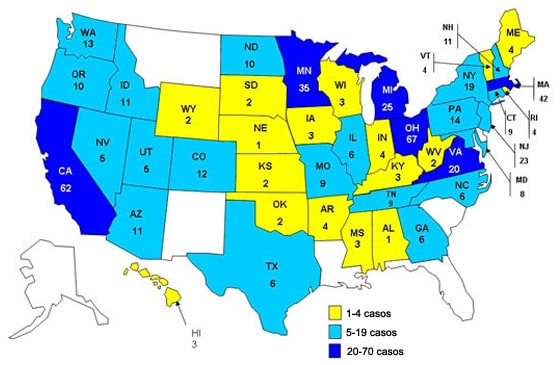 Personas infectadas por el brote de la cepa de Salmonella typhimurium, Estados Unidos, por estado, 1 de septiembre del 2008 al 25 de enero del 2009