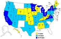 Personas infectadas por el brote de la cepa de Salmonella typhimurium, Estados Unidos, por estado, 1 de septiembre del 2008 al 28 de enero del 2009