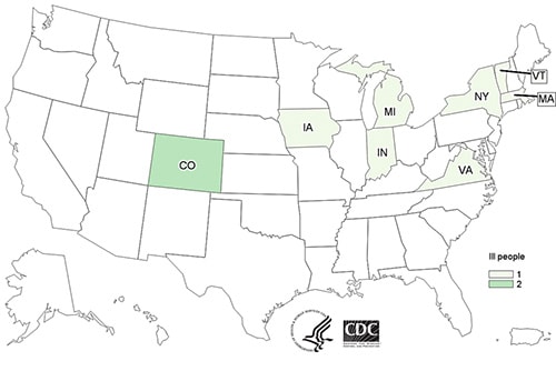 People infected with the outbreak strain of Salmonella Enteritidis, by state of residence, as of March 1, 2018