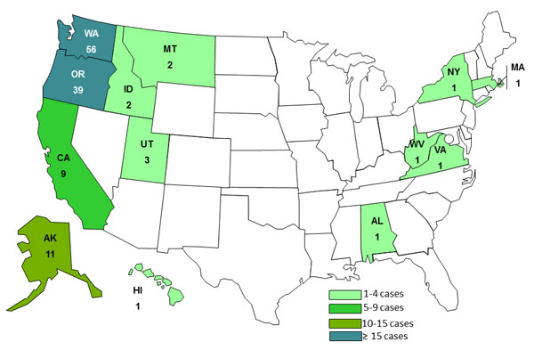 March 1, 2013 Case Count Map: Persons infected with the outbreak strain of Salmonella Heidelberg, by state
