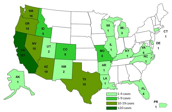 1-16-2013 Case Count Map: Persons infected with the outbreak strain of Salmonella Heidelberg, by State