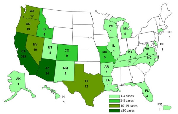 4-9-2013 Case Count Map: Persons infected with the outbreak strain of Salmonella Heidelberg, by State