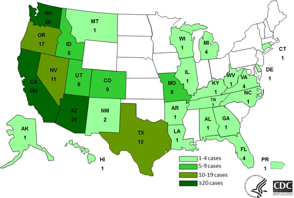 7-4-2013 Case Count Map: Persons infected with the outbreak strain of Salmonella Heidelberg, by State