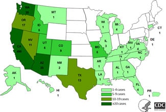 7-31-2014 Case Count Map: Persons infected with the outbreak strain of Salmonella Heidelberg, by State