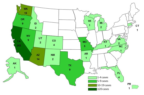 10-18-2013 Case Count Map: Persons infected with the outbreak strain of Salmonella Heidelberg, by State