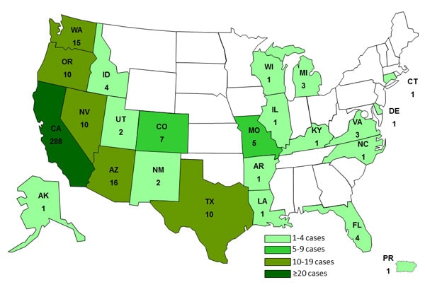 11-10-2013 Map of Persons infected with the outbreak strain of Salmonella Heidelberg, by State